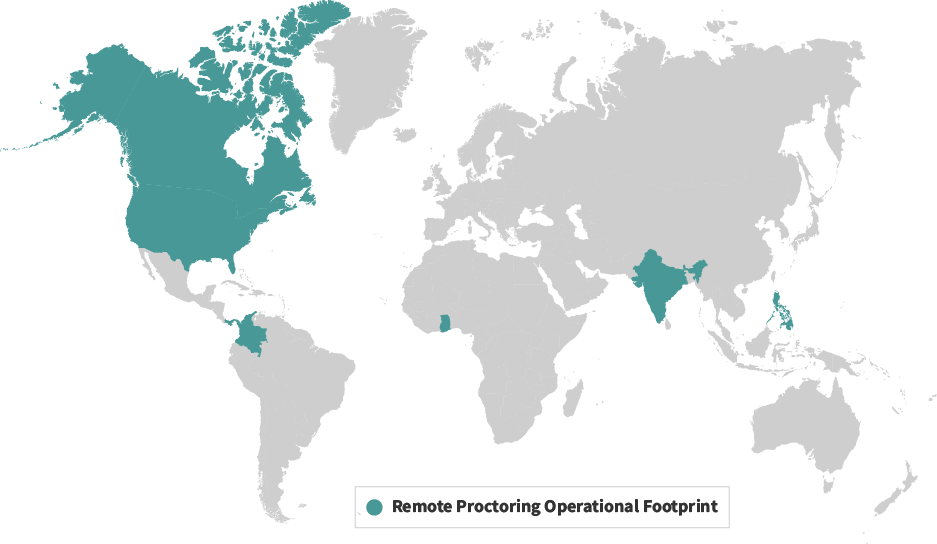Map of the world showing Meazure Learning's remote proctoring operational footprint. Portions of North America, Central and South America, Africa, and Asia are colored green, indicating that Meazure Learning has an operational presence in those regions.