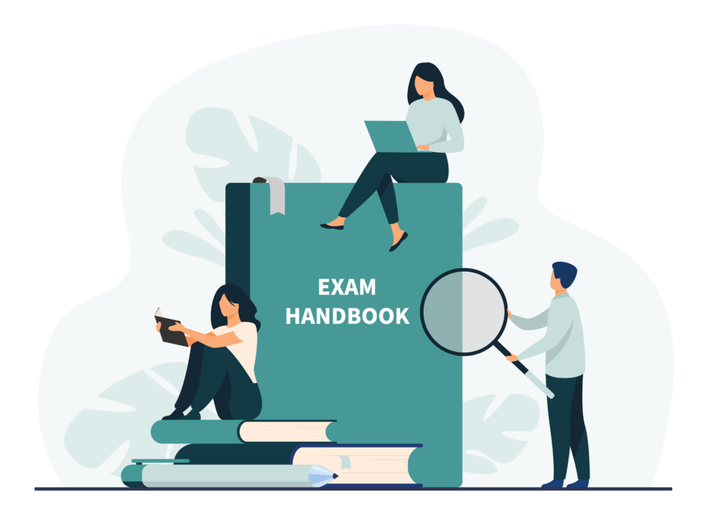 Illustration showing a large "exam handbook," with three individuals interacting with it. One is sitting atop the handbook while looking at a laptop, another is inspecting the handbook with a magnifying glass, and a third is sitting next to the handbook while reading another book. The individuals represent candidates engaging with its contents to better prepare for their exams.