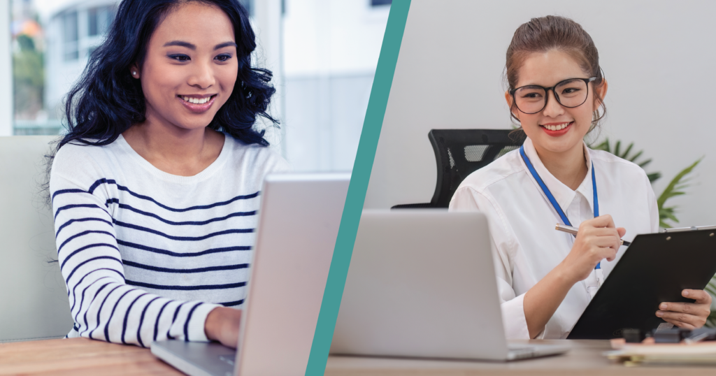 Split-screen view of a test-taker on the left and a support specialist on the right. Both individuals are happy, indicating the positive impact of solid communication channels between test-takers and testing organizations or vendors.